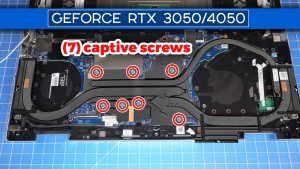 TO REMOVE THE HEATSINK FOR MODELS W/ NVIDIA GEFORCE RTX 3050/4050 GRAPHICS: Unscrew and remove the Heatsink (7 x captive screws).