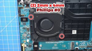 Unscrew and remove the left cooling fan (2 x M2 x 4mm).