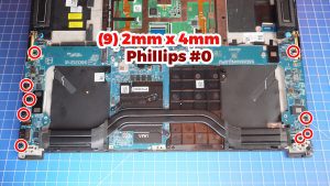 Unscrew and remove the Motherboard (9 x 