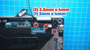 Unscrew and lift up the left LCD hinge (3 x M2.5 x 4mm) (1 x 