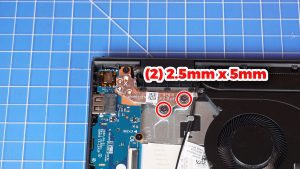 Unscrew and lift the left LCD hinge (2 x M2.5 x 5mm).