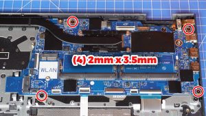 Unscrew and remove the Motherboard (4 x 2mm x 3.5mm).