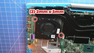 Unscrew the left cooling fan (2 x M2 x 3mm).