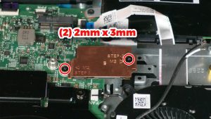 Unscrew and remove the SSD bracket (2 x M2 x 3mm).