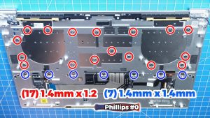 Unscrew and remove the Keyboard (17 X 1.4mm x 1.2mm) (7 X 1.4mm x 1.4mm).