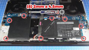 Unscrew and remove the Battery (8 X 2mm x 4.5mm).