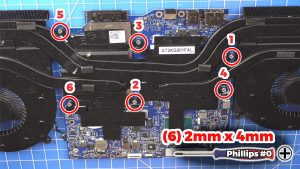 Unscrew and remove the Heatsink Fan Assembly, following the number sequence as shown in the image (6 x 