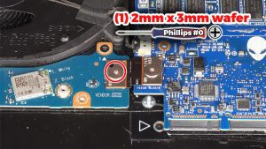 Unscrew and disconnect the I/O board cable that bridges the left I/O circuit board to the motherboard (1 x M2 x 3mm wafer).