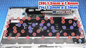 Unscrew and remove the Keyboard (39 X 1.2mm x 1.6mm) (14 X 1.2mm x 2.1mm).