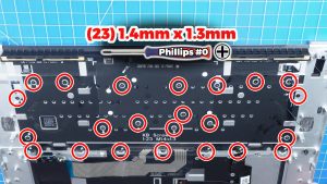 Unscrew the keyboard (23 X 1.4mm x 1.3mm).