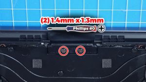 Unscrew and disconnect the LCD bracket and cables (2 X 1.4mm x 1.3mm) (2 x M2 x 3mm).