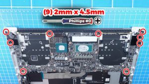 Unscrew and remove the Motherboard (9 X 2mm x 4.5mm).