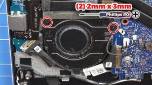 Unscrew and remove the Left Cooling Fan (2 x M2 x 3mm).