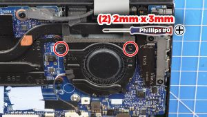 Unscrew and remove the Right Cooling Fan (2 x M2 x 3mm).